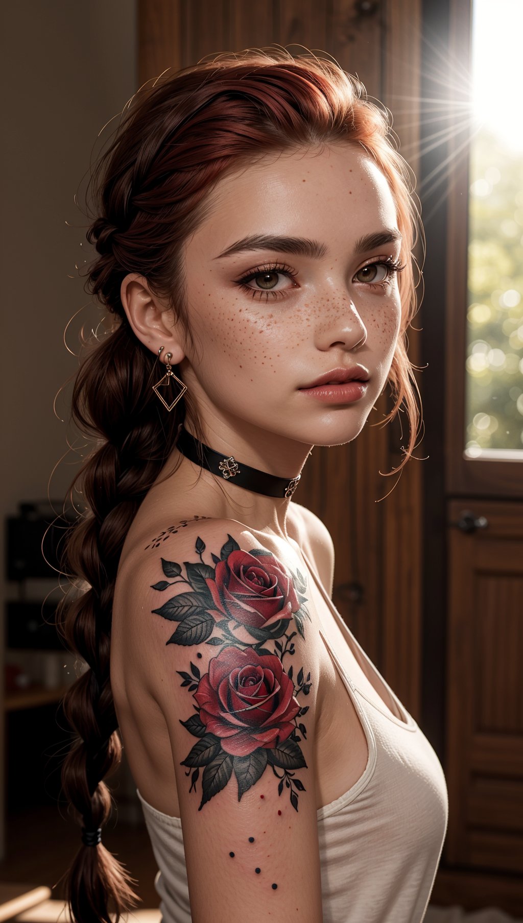 SFW,highest quality,woman,27 year old,backlighting,black choker,blurry background,blush,closed mouth,collarbone,earrings,forehead,freckles,hair over shoulder,jewelry,long hair,looking down,pointy nose,lips glossy,shadow,solo,thick eyebrows,thick eyelashes,upper body,red hair,braids,tattoos,tattoos on arms,black rose tattoos on neck,sun beams,warm light,cozy,((masterpiece)),