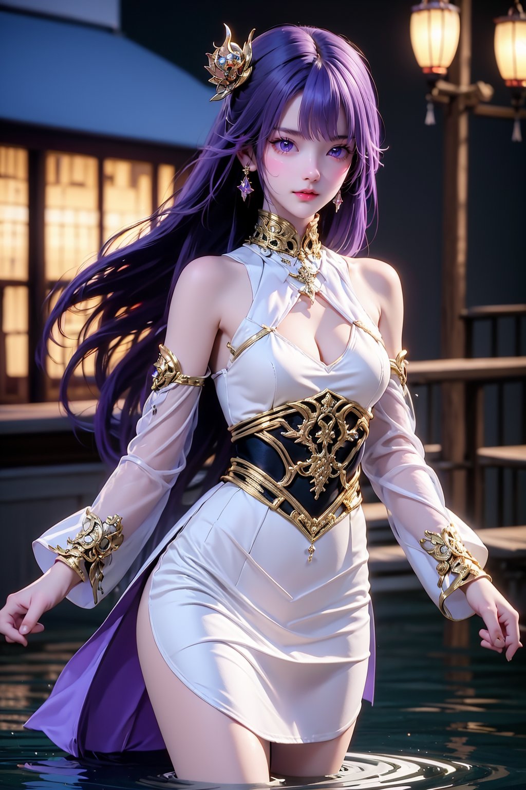 <lora:AgainRealistic_v2.0:1>,AgainRealistic_v2.0, 1girl, solo, long hair, jewelry, breasts, dress, earrings, looking at viewer, white dress, detached sleeves, purple hair, bare shoulders, hair ornament, cleavage, purple eyes, medium breasts, blurry, closed mouth, wading, blurry background, water, cowboy shot, realistic, long sleeves, outdoors, night, lantern, lips, bracelet, cleavage cutout, standing, clothing cutout, raiden shogun, thighs, building