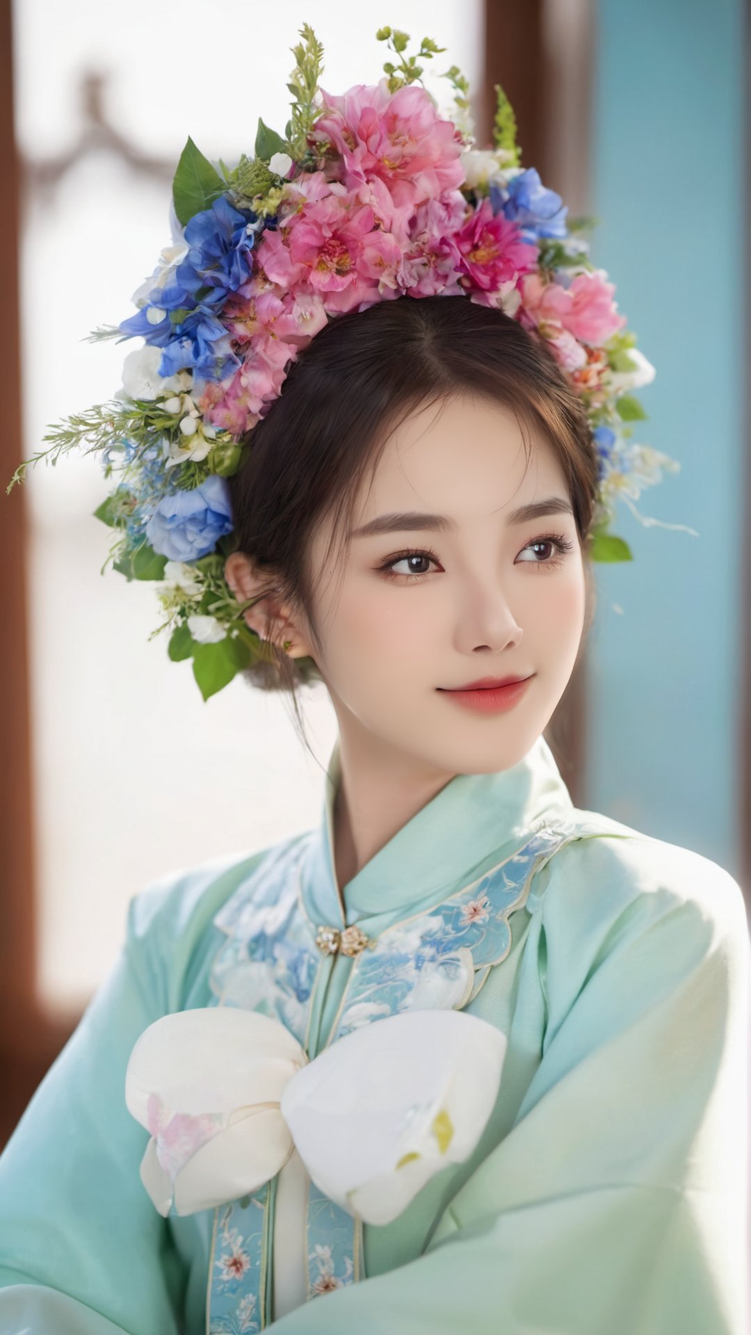 (((Best quality, masterpiece, ultra high res, ultra-detailed, ultra realistic, depth of field, film grain, bokeh))), (full body shot), (((beautiful background))), 1girl, (((flowers headband))), actress, music idol, (((smile))), happy, (sitting ), (((arms behind back ))), (((seductive outfit))), (((wear hanfu))), ((light blonde hair)), graceful neck and shoulders, (((gigantic  breasts))):1.5, (((nipples, pussy, pubic hair))), perfect body, big butt, wide hip, thigh highs, beauty legs, dreamy blue eyes, (glossy lips):1.5, (close lips):1.5, detailed skin texture, (((looking at viewer))), hair ornament, necklace, earrings, rings, mystery, majestic, scenery, exquisite, stunning, delicate, elegant, glowing, graceful, charming, alluring, seductive, erotic, enchanting, mesmerizing, femininity, ethereal, shiny, (((rimlight, perfect shadows, gorgeous light and shadow, stunning environment, subsurface scattering, sharp focus, extravagant and vivid composition, meticulously staged framing, focus on intricate details, vibrant and surreal colors))), <lora:FlowersHeadband:0.8>, earrings , soft lighting,gorgeous light and shadow, stunning environment,vibrant colors, short hair, wavy hair , brown hair 