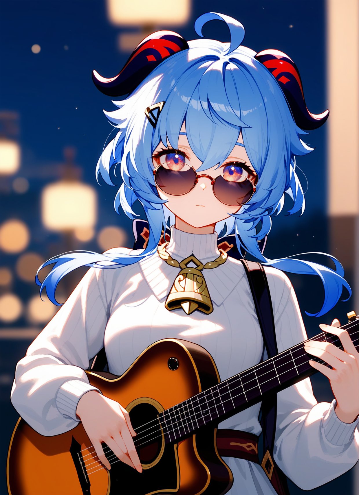 score_9,score_8_up,score_7_up,11girl,solo,looking at viewer,short hair,bangs,blue eyes,hair ornament,long sleeves,dress,holding,jewelry,closed mouth,blue hair,outdoors,glasses,solo focus,hairclip,necklace,blurry,sweater,night,depth of field,blurry background,turtleneck,sunglasses,instrument,round eyewear,guitar,tinted eyewear,holding instrument,bokeh,ganyu_(genshin_impact),