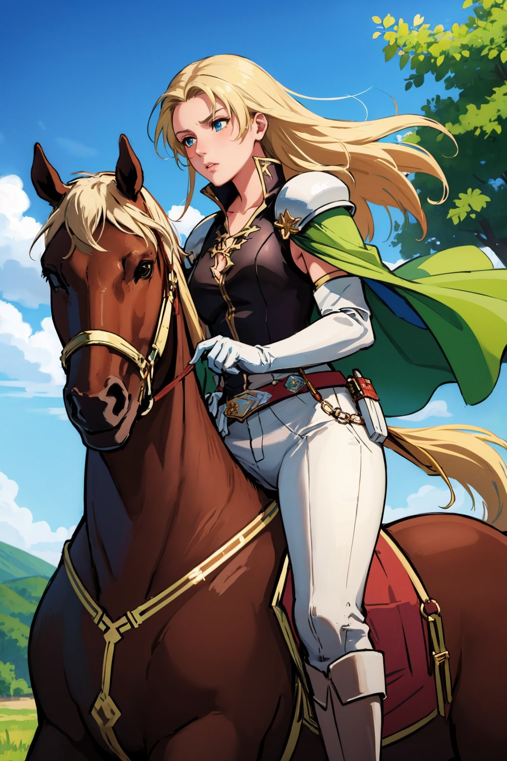 masterpiece, best quality, feSelena, brown tunic, green cape, white elbow gloves, shoulder armor, belt, white pants, brown boots, riding a brown horse, forest, blue sky, clouds, serious expression <lyco:selena-nvwls-v2-000008:0.9>