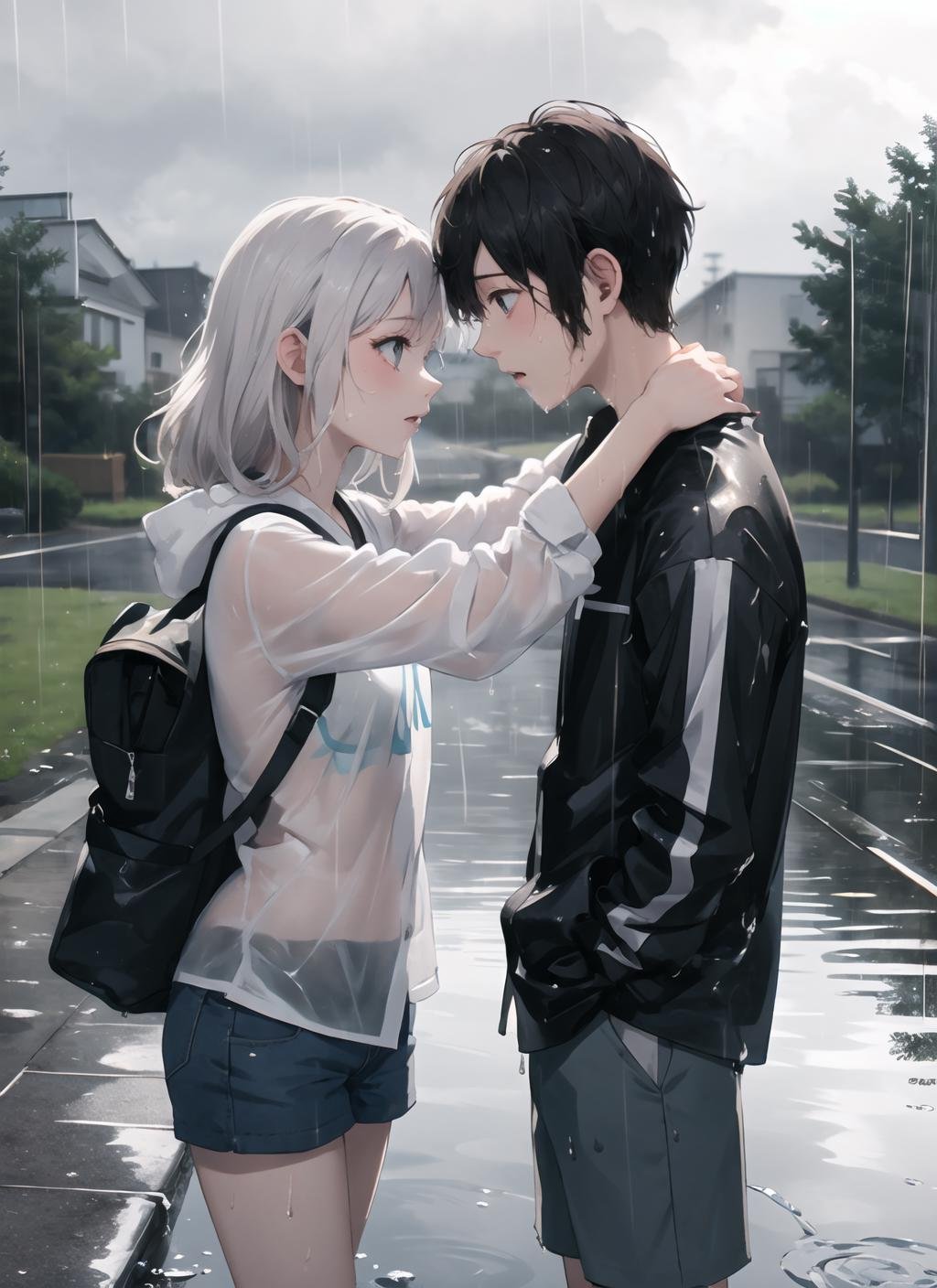 forehead-to-forehead,1boy, 1girl, hetero, outdoors, storm, raining, puddle, white shirt, wet clothes,  <lora:forehead-to-forehead_v2_b-000008:0.8>