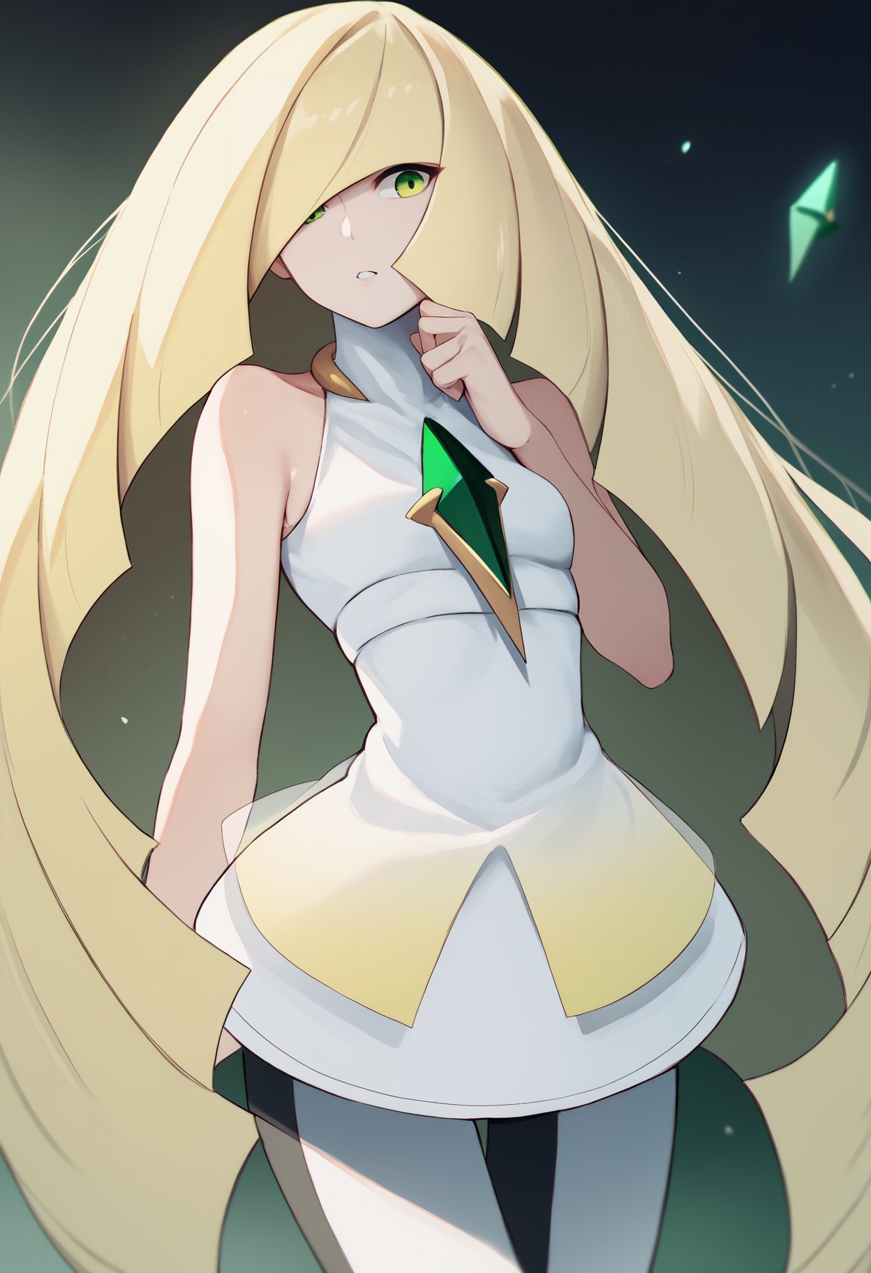 score_9, score_8_up, score_7_up, source_anime BREAK 1girl, solo, <lora:lusamine-pokemon-richy-v1_pdxl:1> lsmndef, green eyes, blonde hair, very long hair, bangs, hair over one eye, chest jewel, white dress, sleeveless, leggings