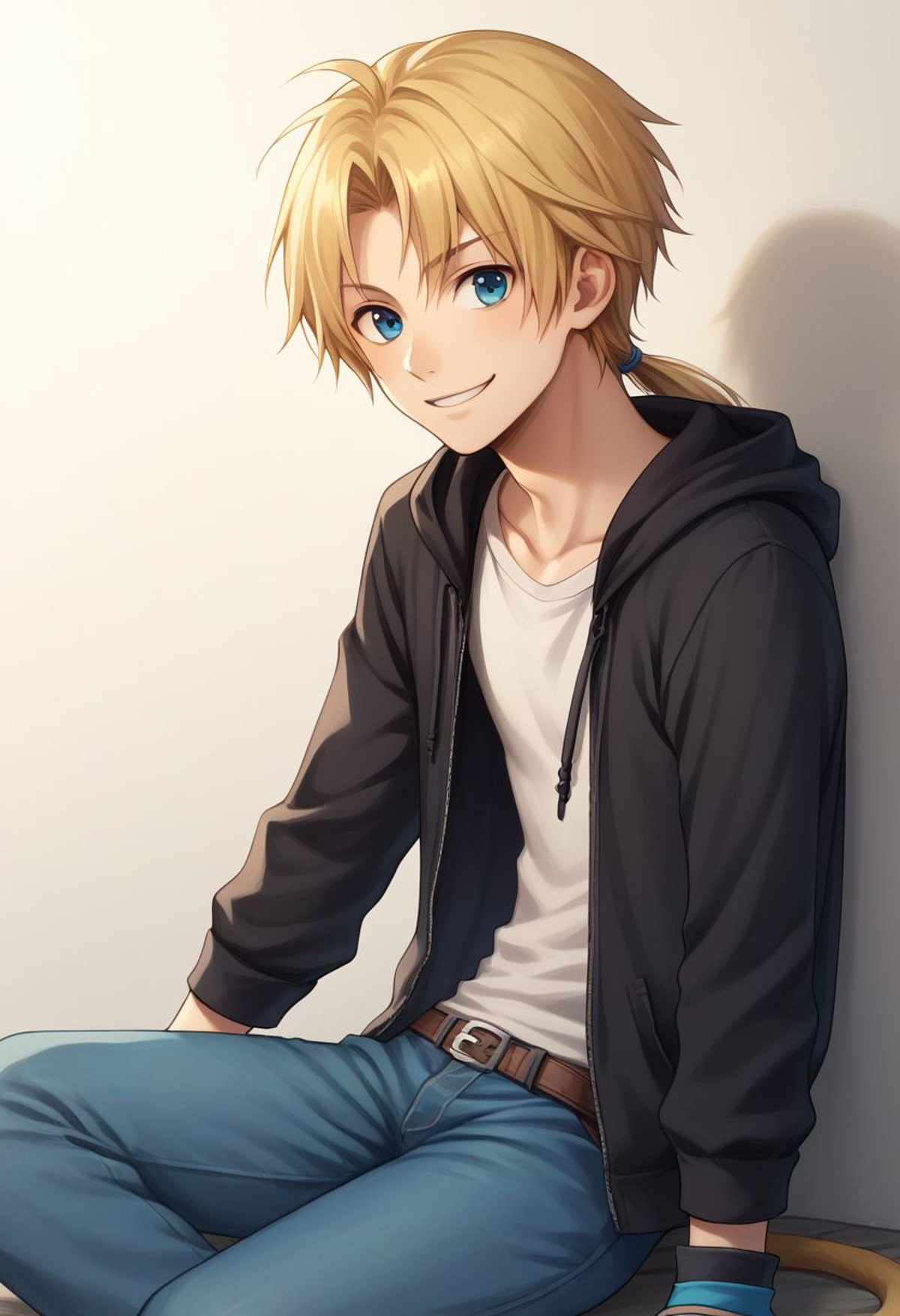 score_9, score_8_up, score_7_up, source_anime, highly detailed, 1boy, solo, skinny, cute,zidane, 1boy, blonde hair, long hair, monkey tail, low ponytail, bangs,  parted bangs, male focus, solo, gloves, blue eyes, contemporary, hoodie, hood, denim, upper body, smile,outdoor, sit,