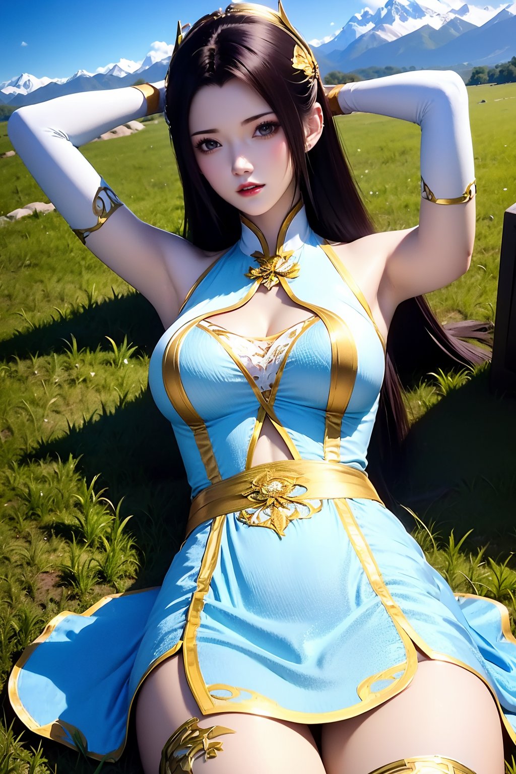 1girl, thighhighs, solo, dress, long hair, white thighhighs, armpits, looking at viewer, breasts, white dress, black hair, outdoors, gloves, cleavage cutout, elbow gloves, arms behind head, water, arms up, sky, white gloves, clothing cutout, hair ornament, blue sky, chinese clothes, parted lips, lake, lying, thighs, day, china dress, on back, large breasts, covered navel, gold trim, very long hair, teeth, sitting, mountain, sleeveless, grass, short dress, sleeveless dress, zettai ryouiki, cleavage, bare shoulders, cloud, forehead, grey eyes