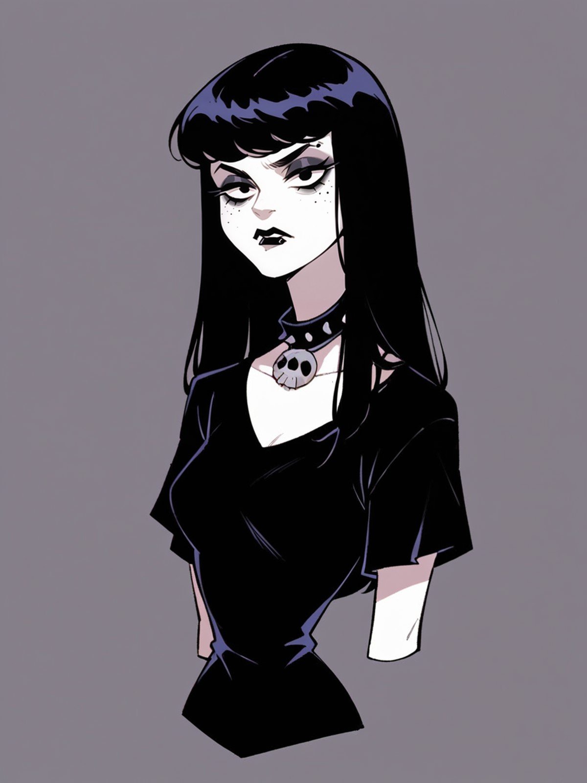 score_9, score_8_up, score_7_up, score_6_up, <lora:sc00byXLP:1> sc00by, 1girl, flat color, scooby-doo, goth, long black hair,