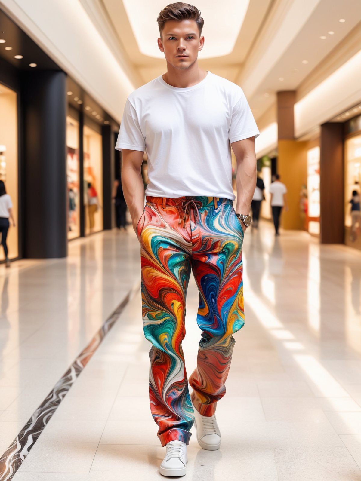 man wearing a mad-marbled-paper pants and white tshirt, mall <lora:Colorful_Marbled_Paper_SDXL:0.6>, (masterpiece:1.2), best quality