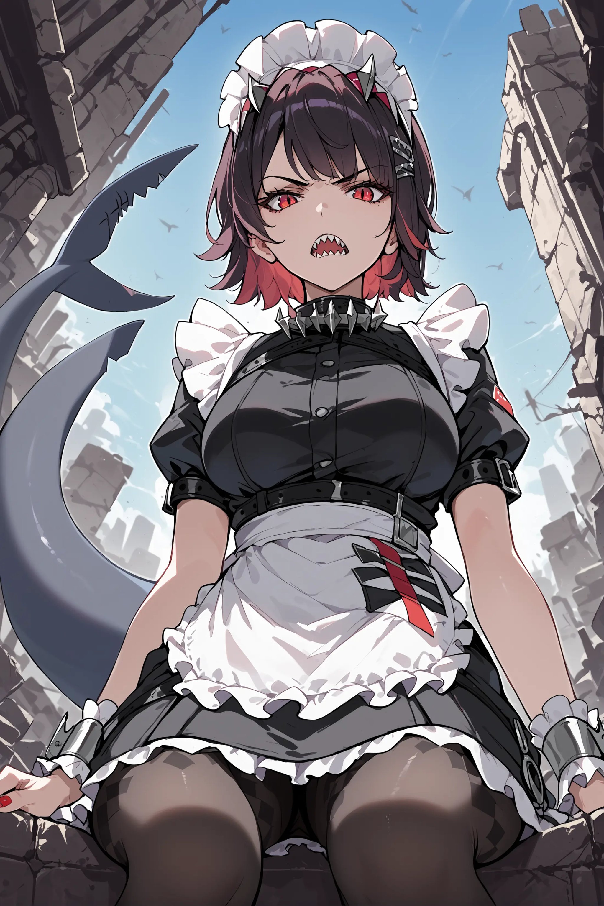 score_9, score_8_up, score_7_up, source_anime, 1girl, ellen joe, solo, hairclip, argyle pantyhose, red nails, maid headdress, maid apron, wrist cuffs, maid dress, shark tail, spiked collar, looking at viewer, glaring, open mouth, sharp teeth, slit throat, ruins, outdoors, depth of field, sitting, from below, cowboy shot  <lora:Char-ZZZ-EllenJoe-pony-V1:0.8>