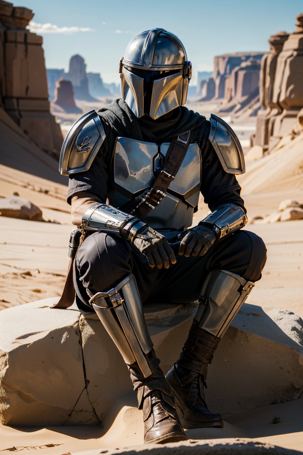 ((ultra detailed, masterpiece, absurdres)) <lora:StarWMandalorian:0.9>StarWMandalorian, 1boy, no face, helmet, gloves, armor, sitting, rocks, science fiction, planet, desert