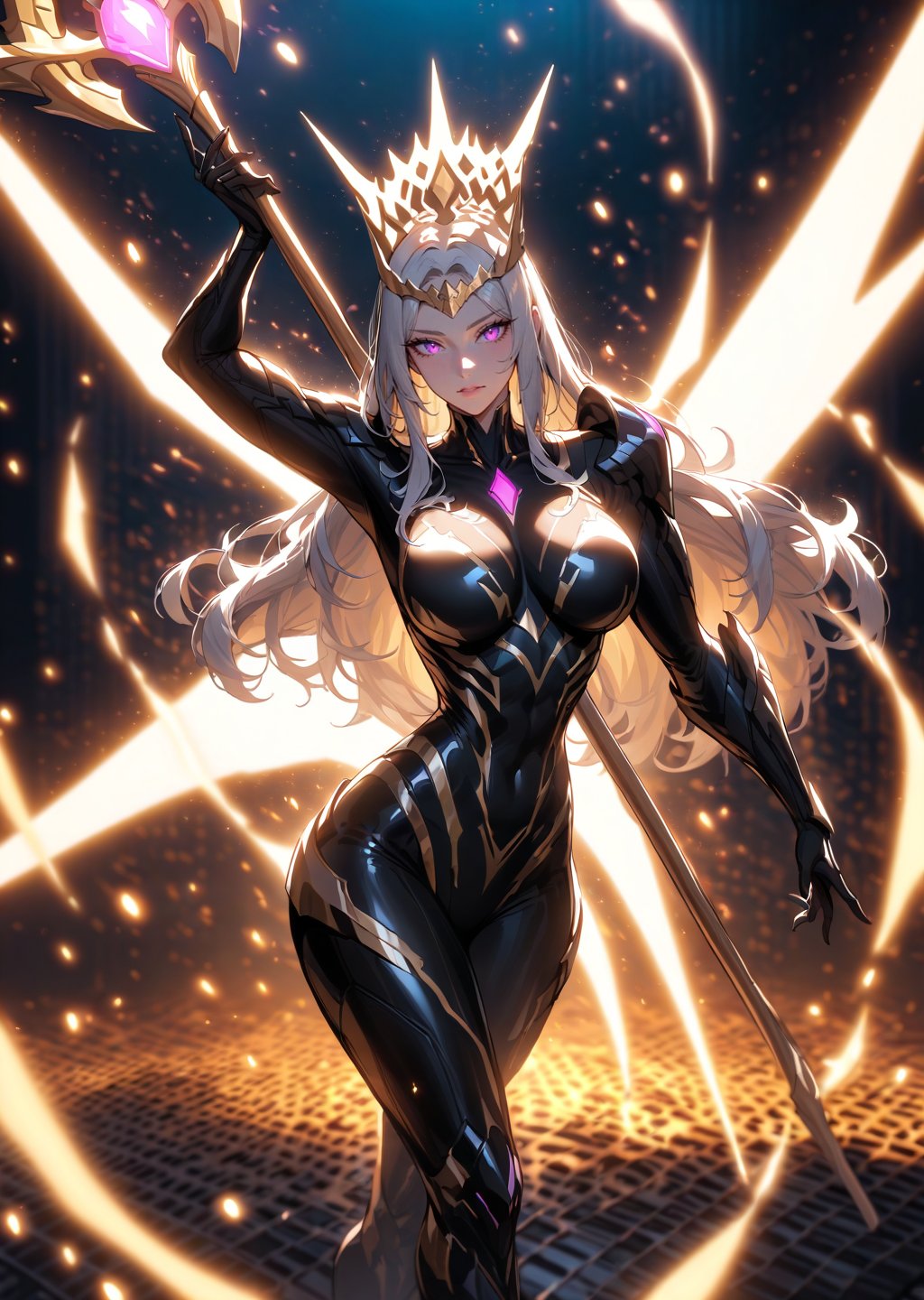 masterpiece,best quality,very aesthetic,absurdres cinematic lighting minimalism 1girl,aged up Fierce female warrior in cybernetic neon-armored suit with a radiant digital crown atop her head and an elegant glowing keyboard staff,exuding power amidst glowing particles,Show less,