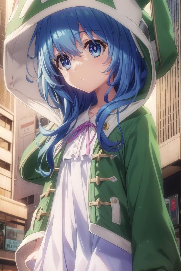 dalyoshino, <lora:dal yoshino s2-lora-nochekaiser:1>,yoshino astral dress, long hair, blue eyes, ribbon, animal ears, hair between eyes, blue hair, hood, rabbit ears, coat, hood up, animal hood, rabbit hood, green coat,BREAK ,BREAK outdoors, city, sky, clouds, buildings, sun,BREAK looking at viewer, (cowboy shot:1.5),BREAK <lyco:GoodHands-beta2:1>, (masterpiece:1.2), best quality, high resolution, unity 8k wallpaper, (illustration:0.8), (beautiful detailed eyes:1.6), extremely detailed face, perfect lighting, extremely detailed CG, (perfect hands, perfect anatomy),