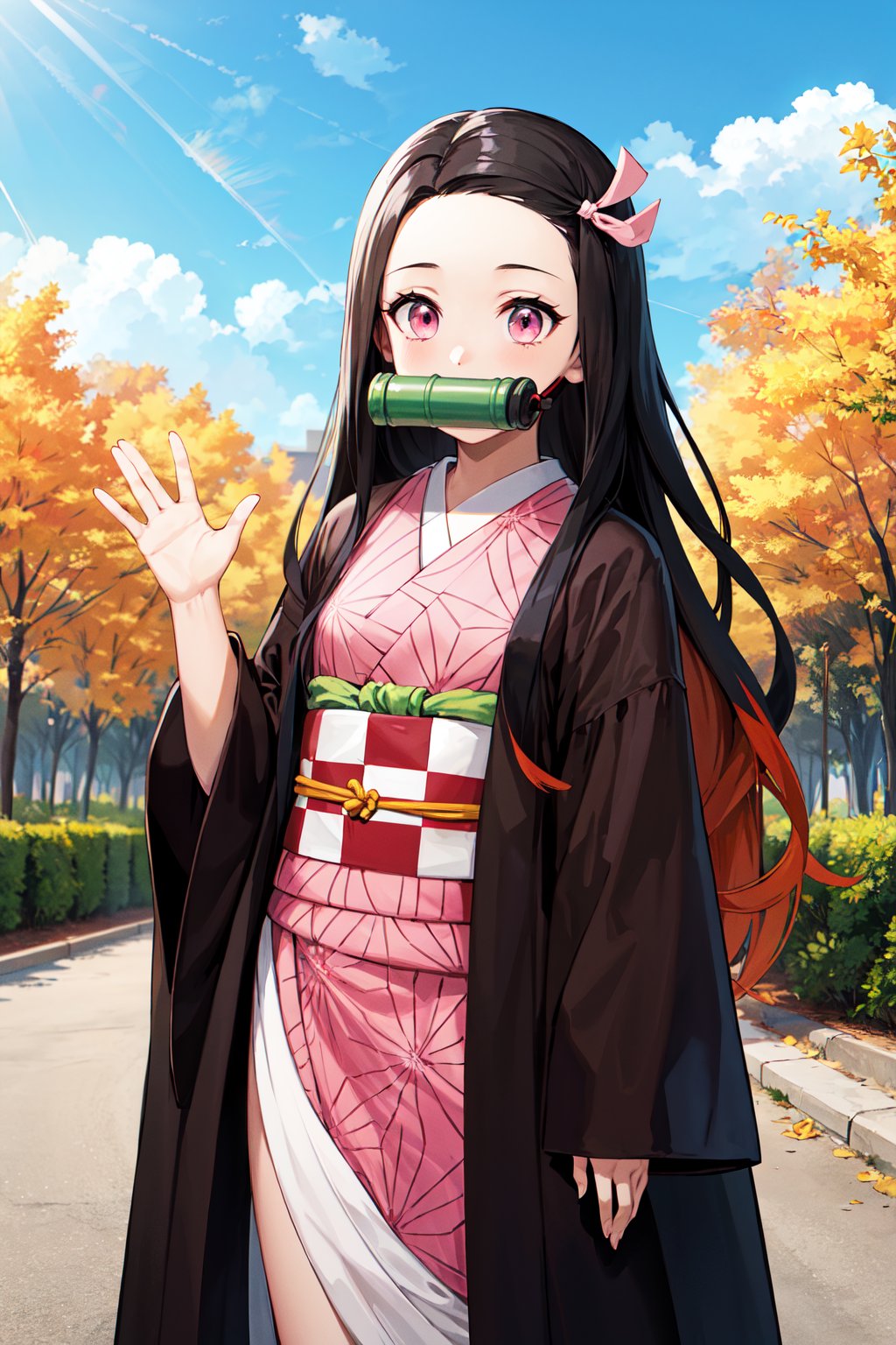 masterpiece, best quality, highres, aanezuko, long hair, multicolored hair, hair ribbon, bit gag, mouth hold, japanese clothes, pink kimono, haori, black jacket, long sleeves, checkered sash, obi, <lora:kamado_nezuko_v1:0.7>, standing, cowboy shot, outdoors, waving