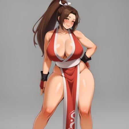 (masterpiece, best quality:1.3), Slush, 1girl, solo, looking at viewer, blushing, wide hips, mature female, closed mouth, seductive smile, large breasts, full body, cowboy shot, thick thighs, <lora:Slush Style Lora:.85>, shiranui mai, brown eyes, long hair, brown hair, white ribbon, sleeveless, ponytail, sash, pelvic curtain, arm guards, gloves, tabi  <lora:shiranui maiV1:.7>