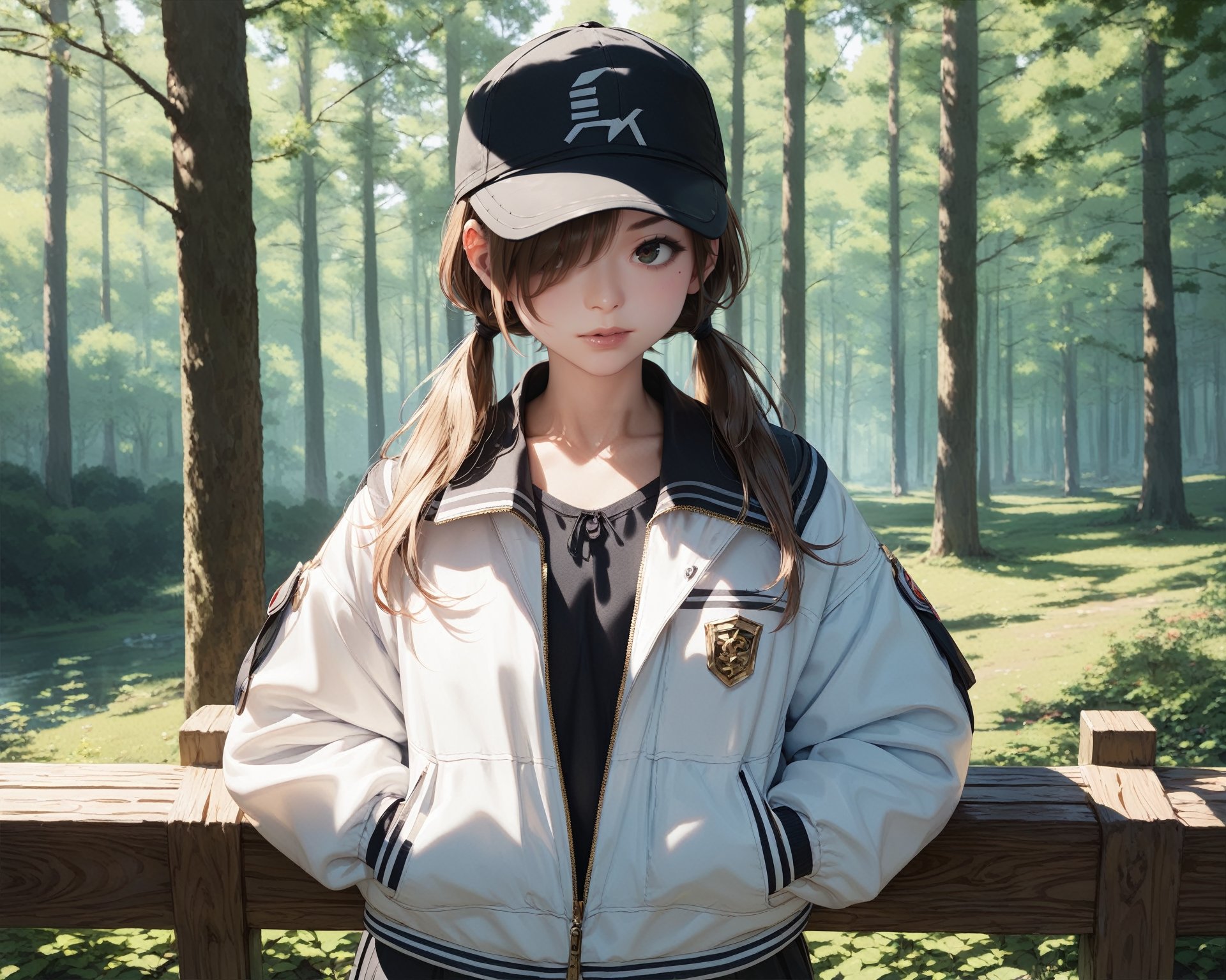 score_9,score_8_up,score_7_up,best_quality,masterpiece,3d-realisticstyle,BREAK1girl,hair_over_one_eye,cap,twintails,white_jacket,hand_in_pocket,outdoors,misty_forest,