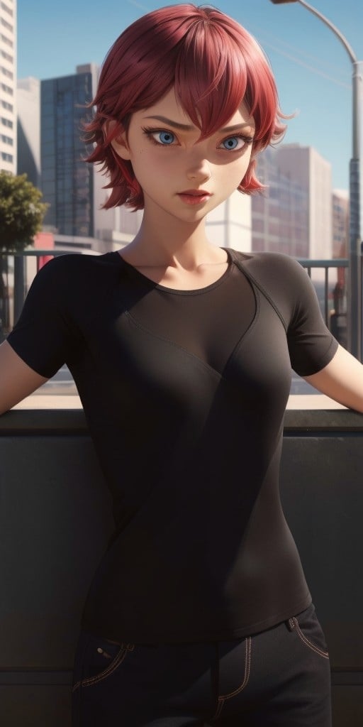 Hyperrealistic, photorealistic, highly detailed, body like in real life, perfect face, black T-shirt, black trousers, expressive brilliant cerulean eyes, short hight, red hair, fifteen years old, very little very flat breasts, octane render, unreal engine, highly detailed photorealistic background, droped shadow, bokeh, cinematic lighting, unreal engine, octane render, <lora:add_detail:0.5>, <lora:Volumetric_lighting:0.6>, Kubdel, Alix, , <lora:b5a1a206-402a-4cd9-b015-27a99c92ff02:0.7>