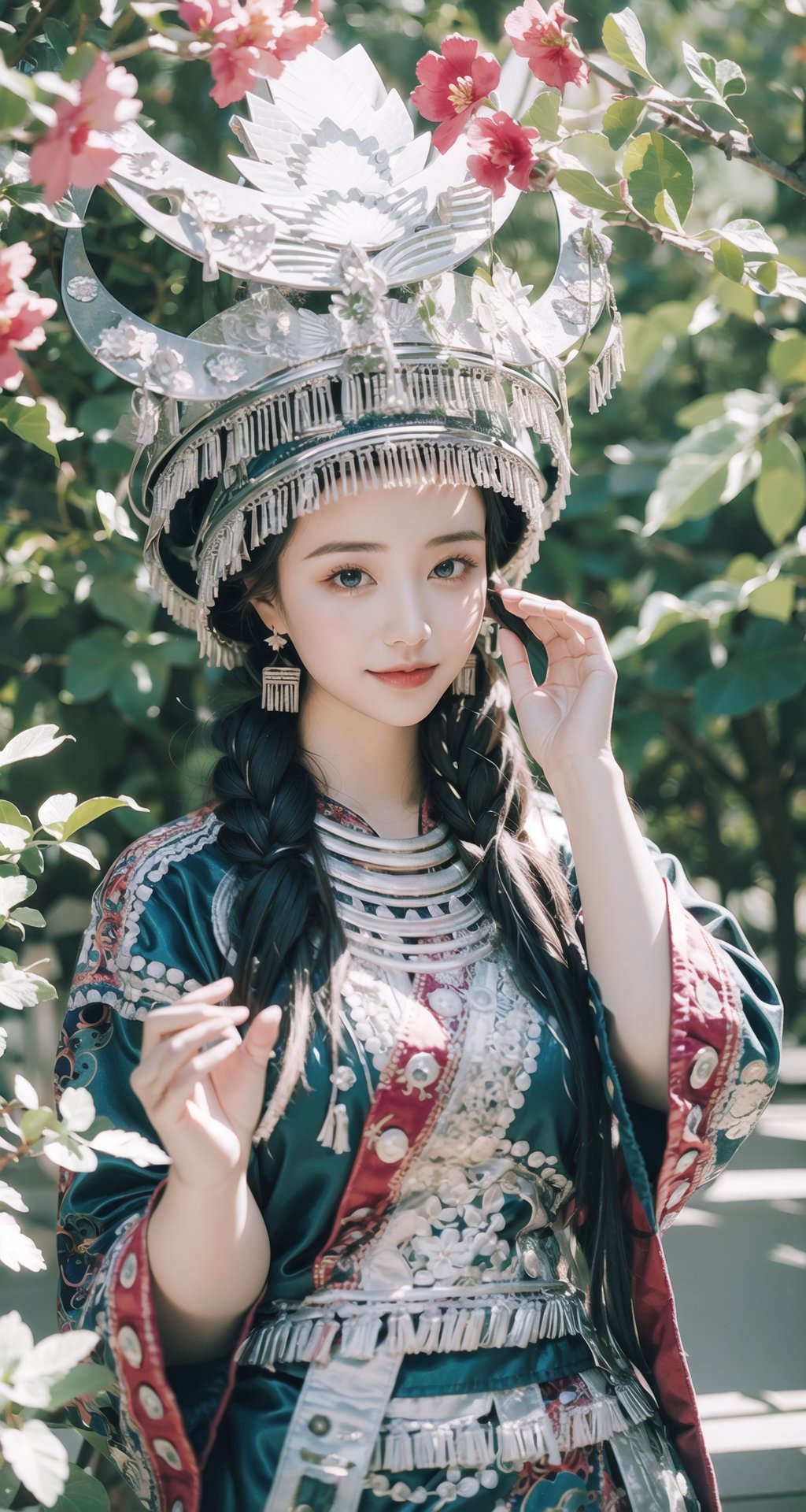 1girl, China_hat,chinese_clothes, Outdoor, flowers, trees