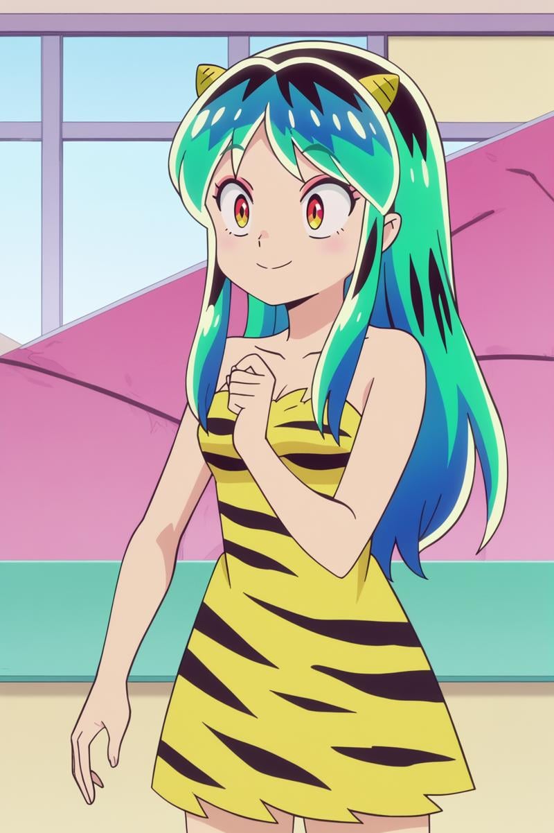 anime screencap, consistent background,   Lum, upper body, light smile, tiger print dress <lora:Private_Urusei_Yatsura_2022_-_Lum_-_PDXL:0.8>