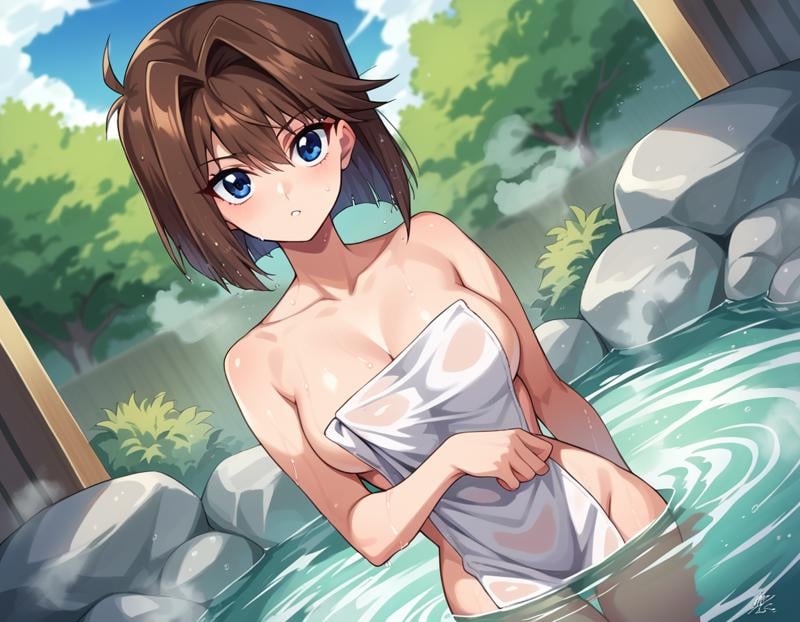 score_9, score_8_up, score_7_up, source_anime,anzumazaki, <lora:anzu-mazaki-ponyxl-lora-nochekaiser:1>anzu mazaki, blue eyes, brown hair, short hair,nude, naked, outdoors, onsen, towel, naked towel, steam, bathing, nude cover, partially submerged, water, bath, steam censor, wet towel,looking at viewer, cowboy shot, dutch angle,