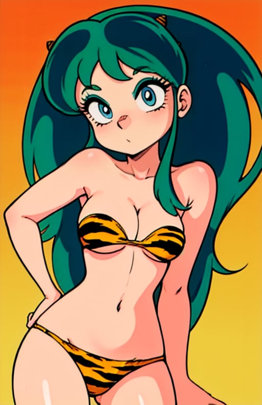 best quality, (masterpiece),(ultra-detailed), (high quality), (high resolution), <lora:Lum:0.7>,lum, 1girl, solo, long hair, breasts, blue eyes, cleavage, medium breasts, swimsuit,  bikini, green hair, horns, strapless, makeup, moon, animal print, eyeshadow, oni horns, oni,  tiger print, strapless bikini, anime coloring,retro artstyle, 1980s \(style\), 