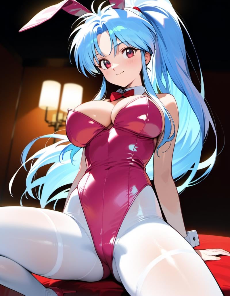 masterpiece, best quality, high quality, absurdres, 1girl, solo, <lora:Botan PDXL:0.8>, botan, ponytail, blue hair, parted bangs, pink eyes, large breasts, playboy bunny, pink leotard, white pantyhose, seductive smile, 