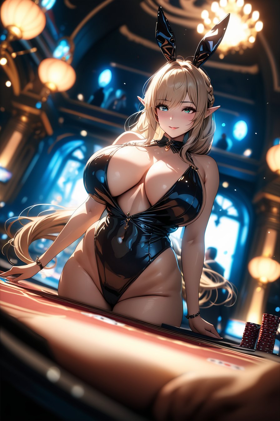 (masterpiece, best quality:1.4), (Intricate detailed:1.2), 1girl, elf, (blond hair, very long hair, antenna hair, braided bangs), huge breasts, thick thighs, black stocking, black playboy bunny, light smile, casino, flaoting cards, dynamic angle masterpiece best quality detailed eyes (Depth of field hdr 8k 4k wallpaper cinematic angle, cinematic lighting,:1.1) (masterpiece, best quality:1.85), (Depth of field hdr 8k 4k wallpaper cinematic angle, cinematic lighting,:1.5) (masterpiece, best quality:2.0)