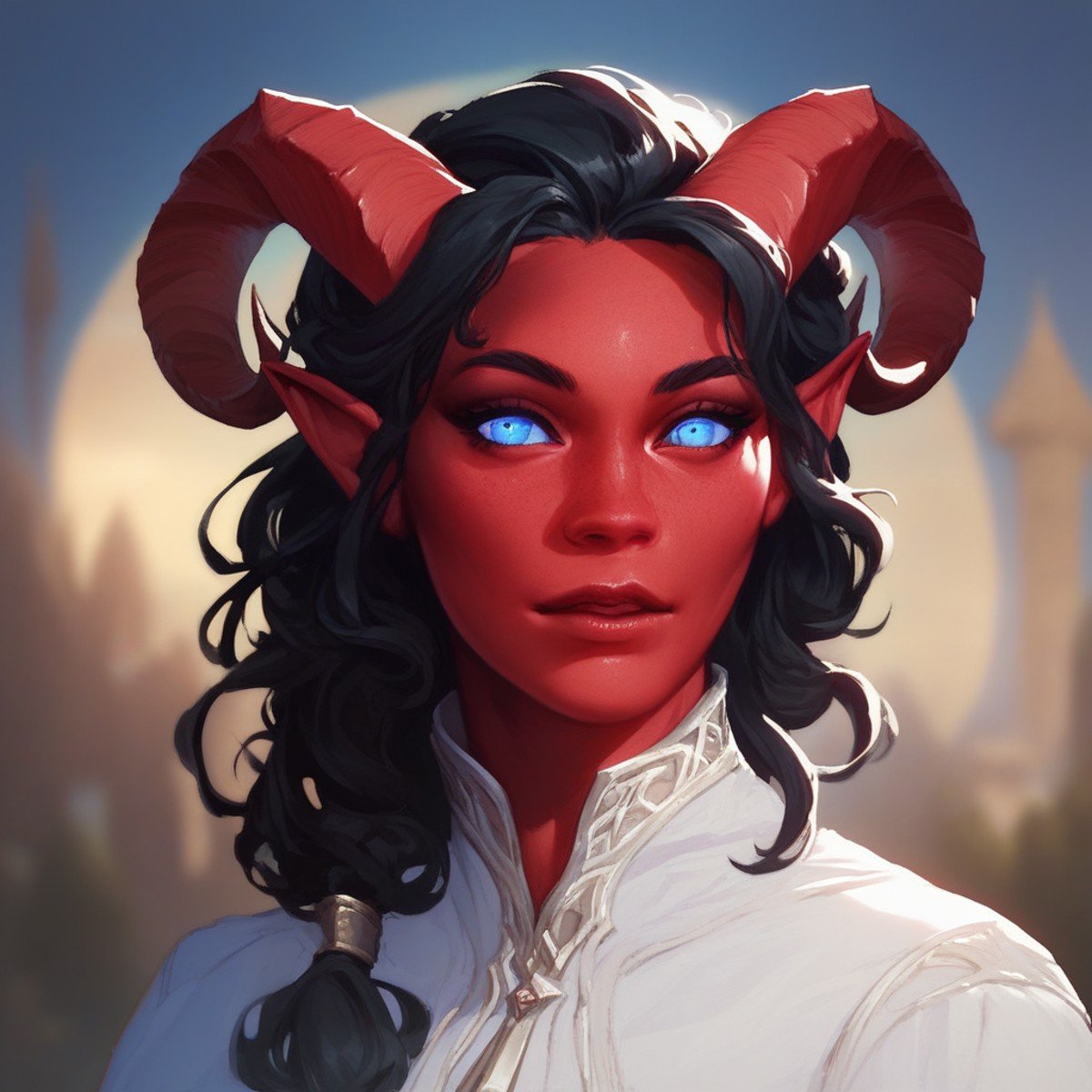 (((beautiful, high quality))), portrait, score_9, score_8_up, score_7_up, Tiefling, pointed ears, horns, colored sclera, 1girl, red skin, black hair, blue eyes, white shirt, fantasy background, blurred background