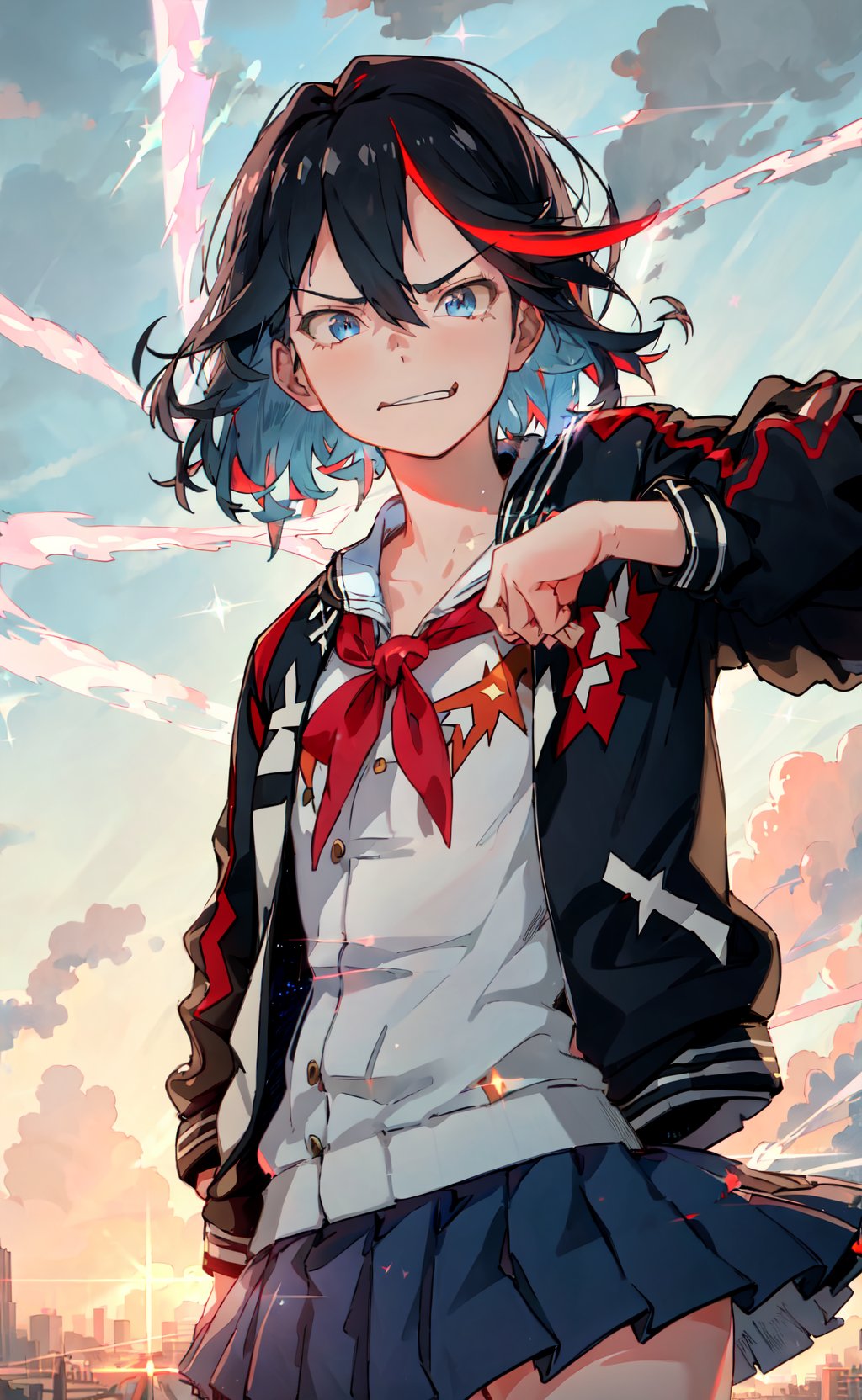 masterpiece, best quality, realistic, 1girl, solo, matoi ryuuko, blue skirt, letterman jacket, looking at viewer, red neck ribbon, open jacket, pleated skirt, smirk, white shirt, dynamic, cloudy sky, smoke, lens flare, bokeh, glittering, sparkling <lora:MatoiRyuukoV3:0.85>