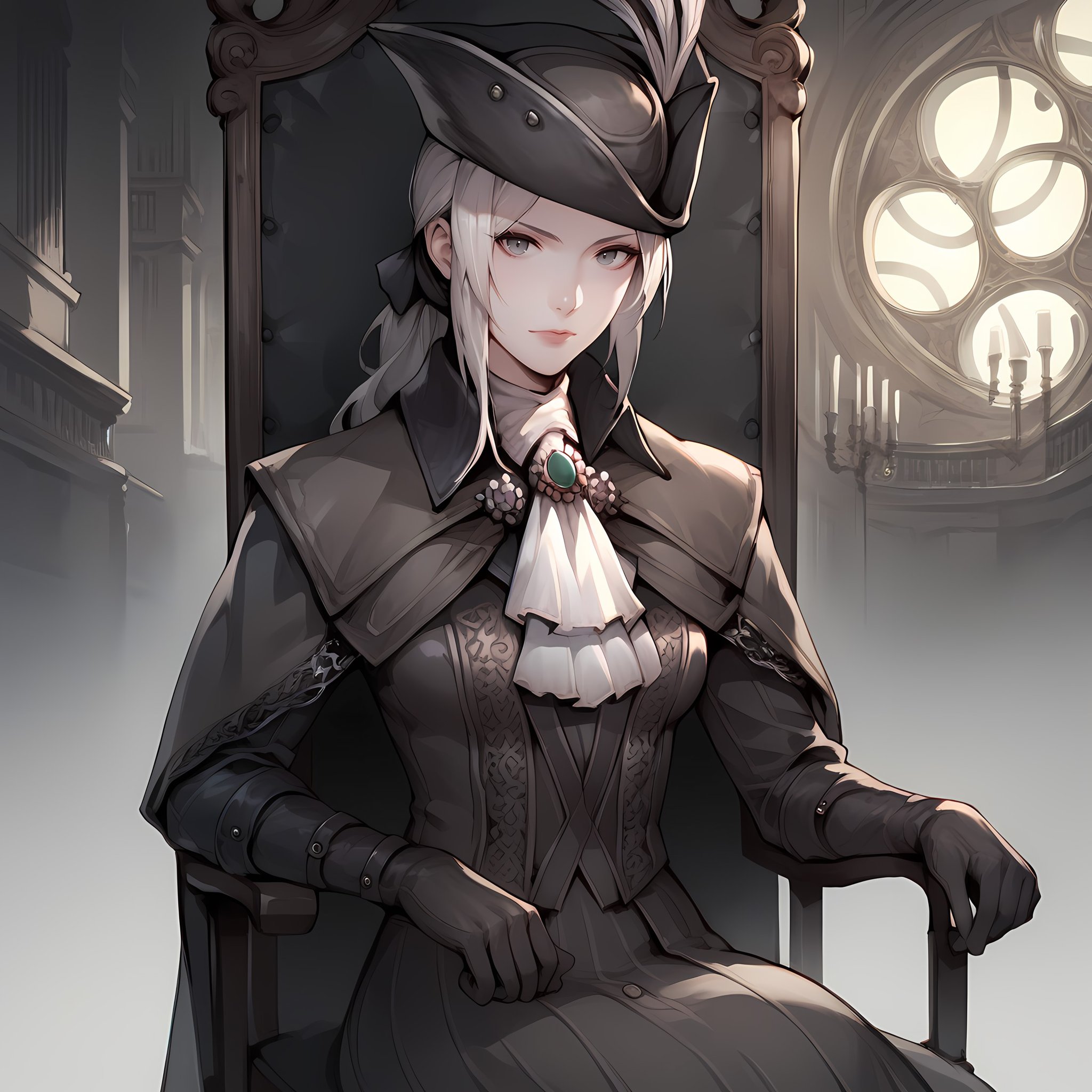 score_9,score_8_up,score_7_up,score_6_up,source_anime,rating_questionable,solo, 1girl,sitting, Victorian chair, clocktower interior, <lora:Lady_Maria_of_The_Astral_Clocktower_-_Bloodborne:0.8> lady maria, white hair, grey eyes, tricorne, gloves, hat feather, ascot, ponytail, cape, gloomy, zPDXL2,