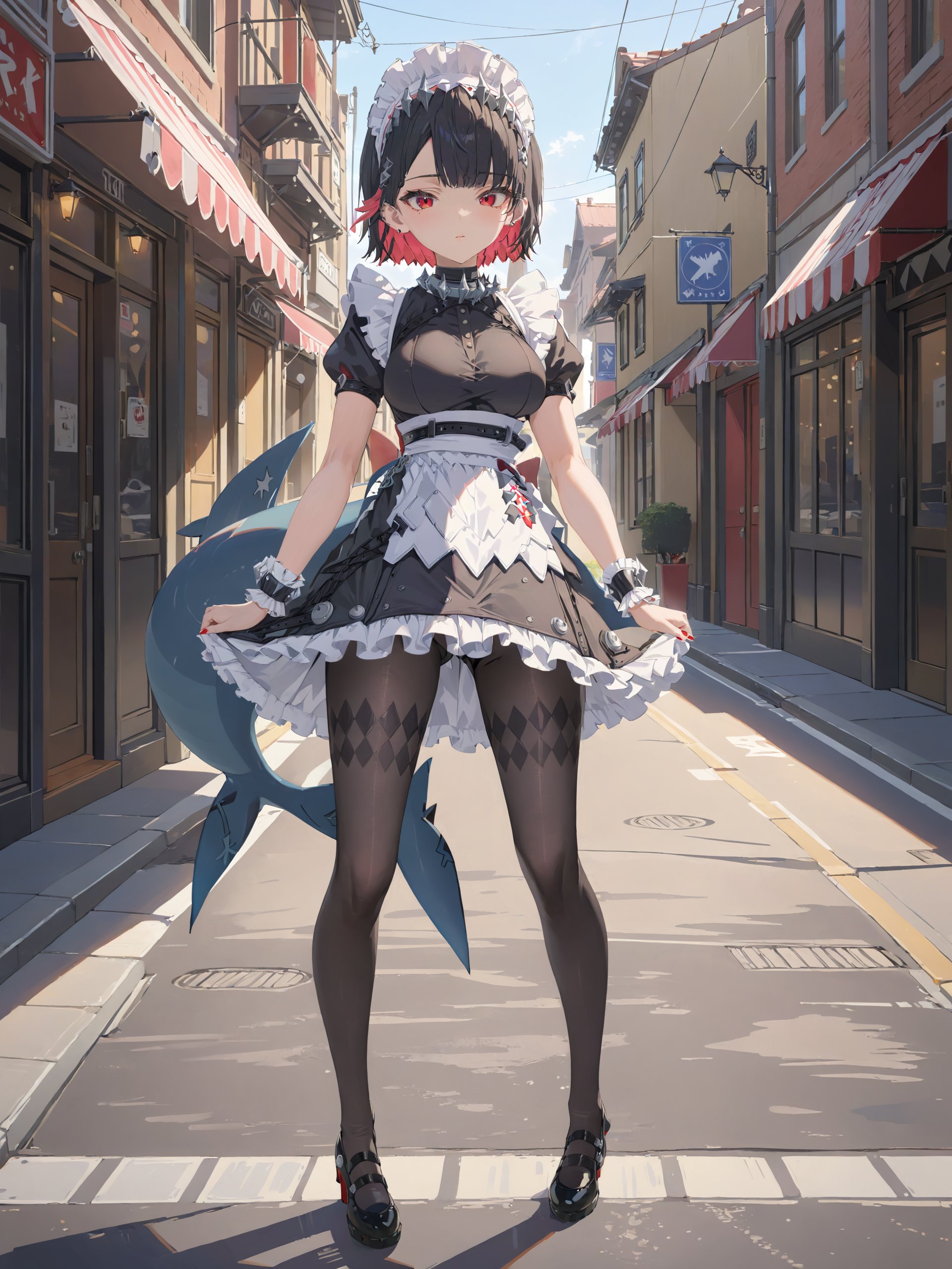 1girl, ellen joe, solo, hairclip, argyle pantyhose, red nails, black footwear, maid headdress, maid apron, wrist cuffs, maid dress, shark tail, spiked collar, looking at viewer, expressionless, street, outdoors, depth of field, standing, full body <lora:Char-ZZZ-EllenJoe-XL-V1:1>, masterpiece, best quality, perfect features, intricate details, ray tracing