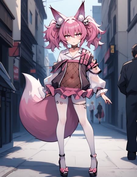 score_9, score_8_up, score_7_up, score_6_up, anime style, source_anime, BREAK <lora:Shamare_pony-000007:1> shampony, animal_ears, animal_ear_fluff, fox_ears, twintails, pink_hair, fox_girl, tail, fox_tail, hair_between_eyes, hair_ornament, pink_eyes, symbol-shaped_pupils, annoyed, white pantyhose, see-through,covered navel,  black panties visible through clothes, long sleeves, microskirt, high heels, choker,, standing