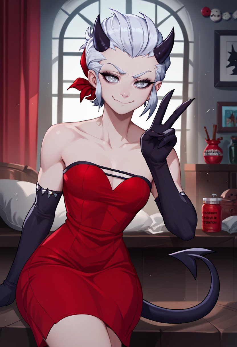 score_9, score_8_up, score_7_up, source_anime, solo, 1girl, justicedef, smile, closed mouth, looking at viewer, v, short hair, black horns, demon horns, grey eyes, red dress, strapless dress, black gloves, elbow gloves, demon tail, indoors <lora:helltaker_justice_ponyXL:1>