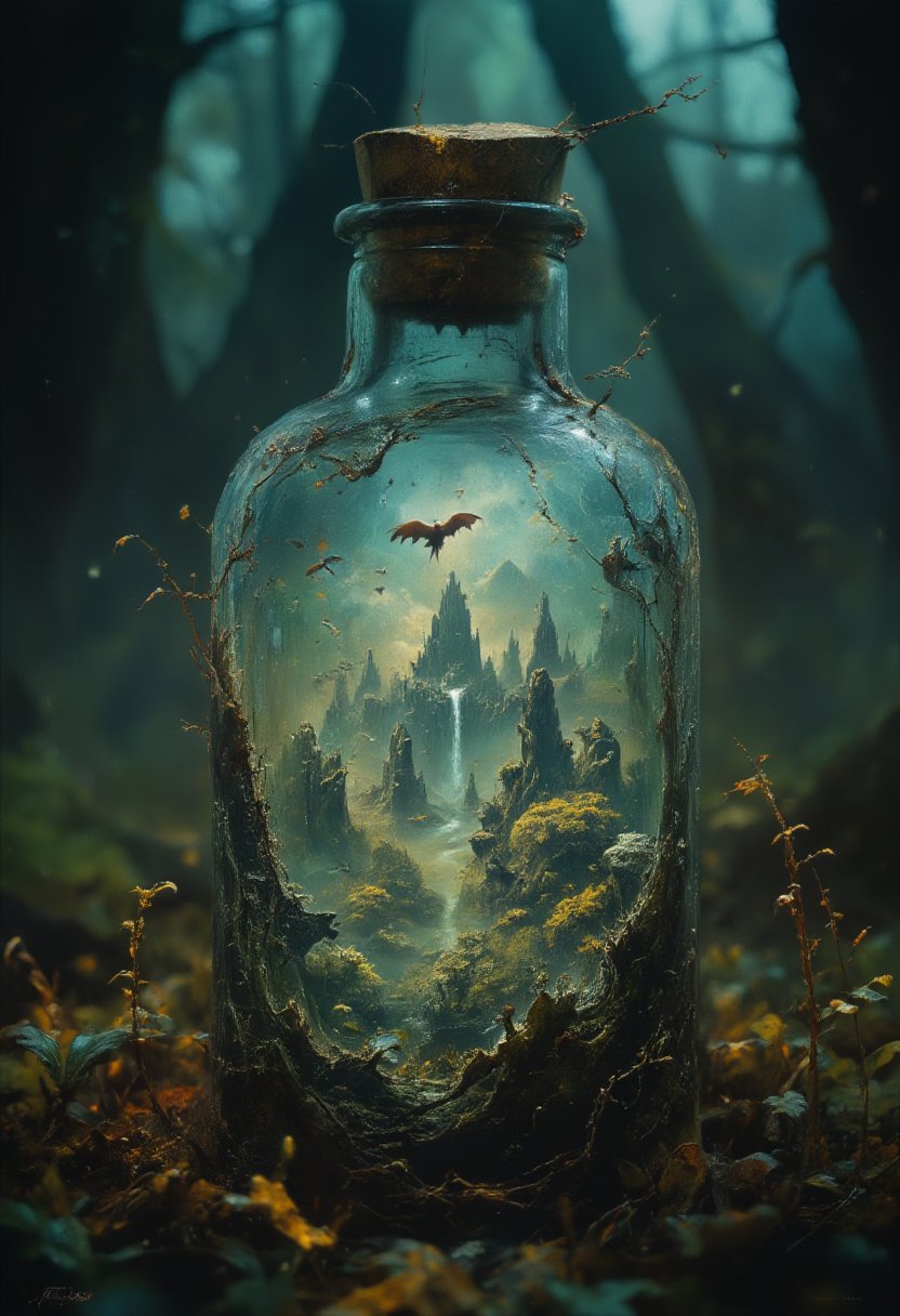 A close-up of an old and big mystical glass bottle with cracks half-buried in leaves on the forest floor, its cork sealed with wax. Through the dirty glass, a vibrant, hidden world of floating islands, cascading waterfalls, and tiny, flying dragons is visible, surrounded by an aura of glowing light. (fantasy style, epic)<lora:artilands:0.6>,  <lora:Dark_Landscapes:0.7>, <lora: - Flux1 - soothing_atmo_V1.0:0.7>