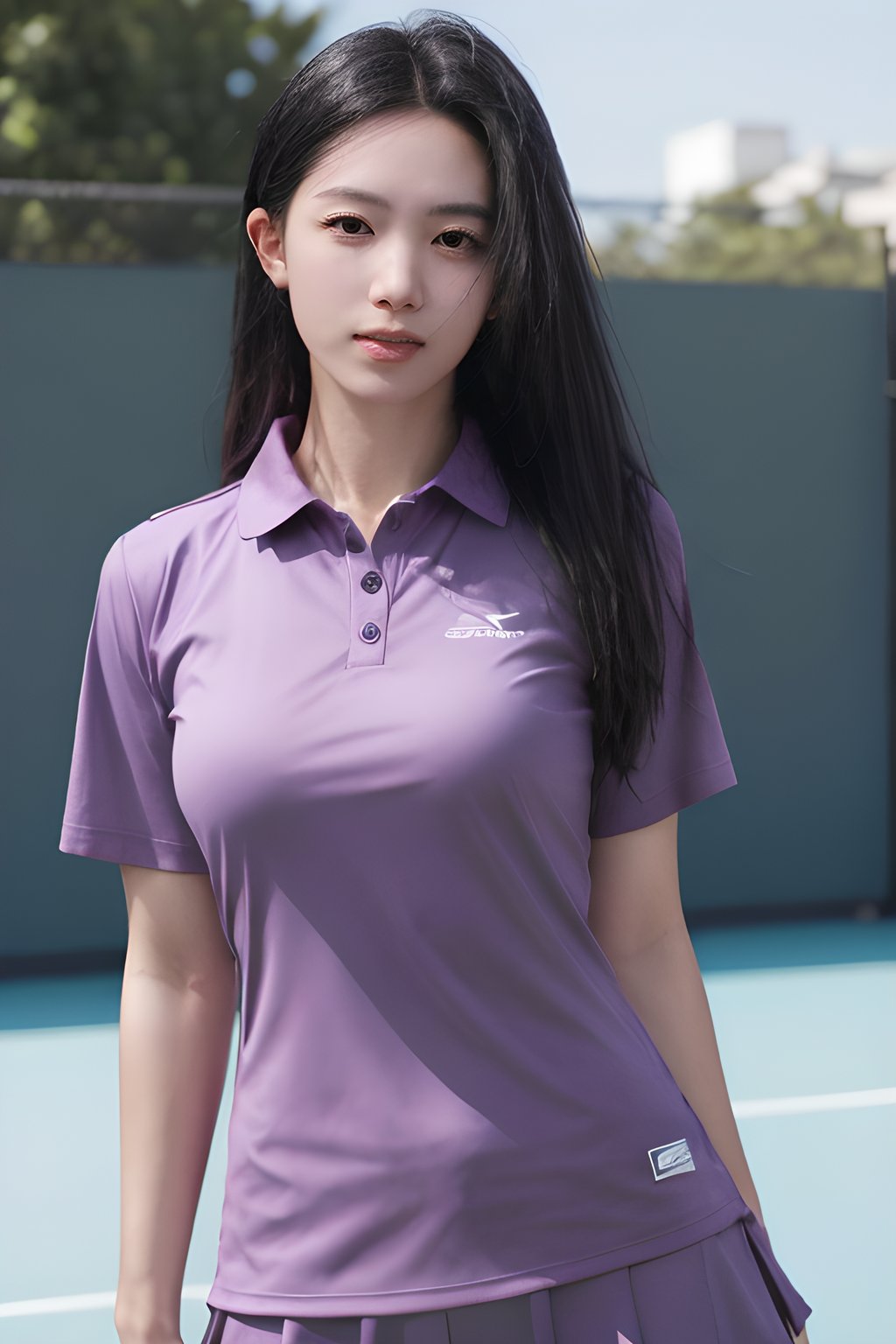 <lora:0830_09:0.7>,purple tennis_uniform,, 1girl,realistic,masterpiece, best quality, photorealistic, HDR,detail