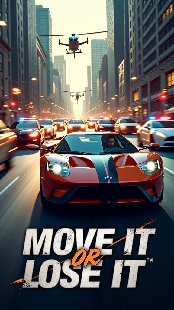 Design an action-packed movie poster set on a busy city street, with cars speeding through the scene, narrowly avoiding collisions. The protagonist, a daring driver with a determined look, is seen at the wheel of a sleek, high-performance car. In the background, helicopters and police cars are in hot pursuit. The title, Move It Or Lose It, is written in bold, metallic letters, with the tagline, When speed is the only way out, in a smaller, intense font below.