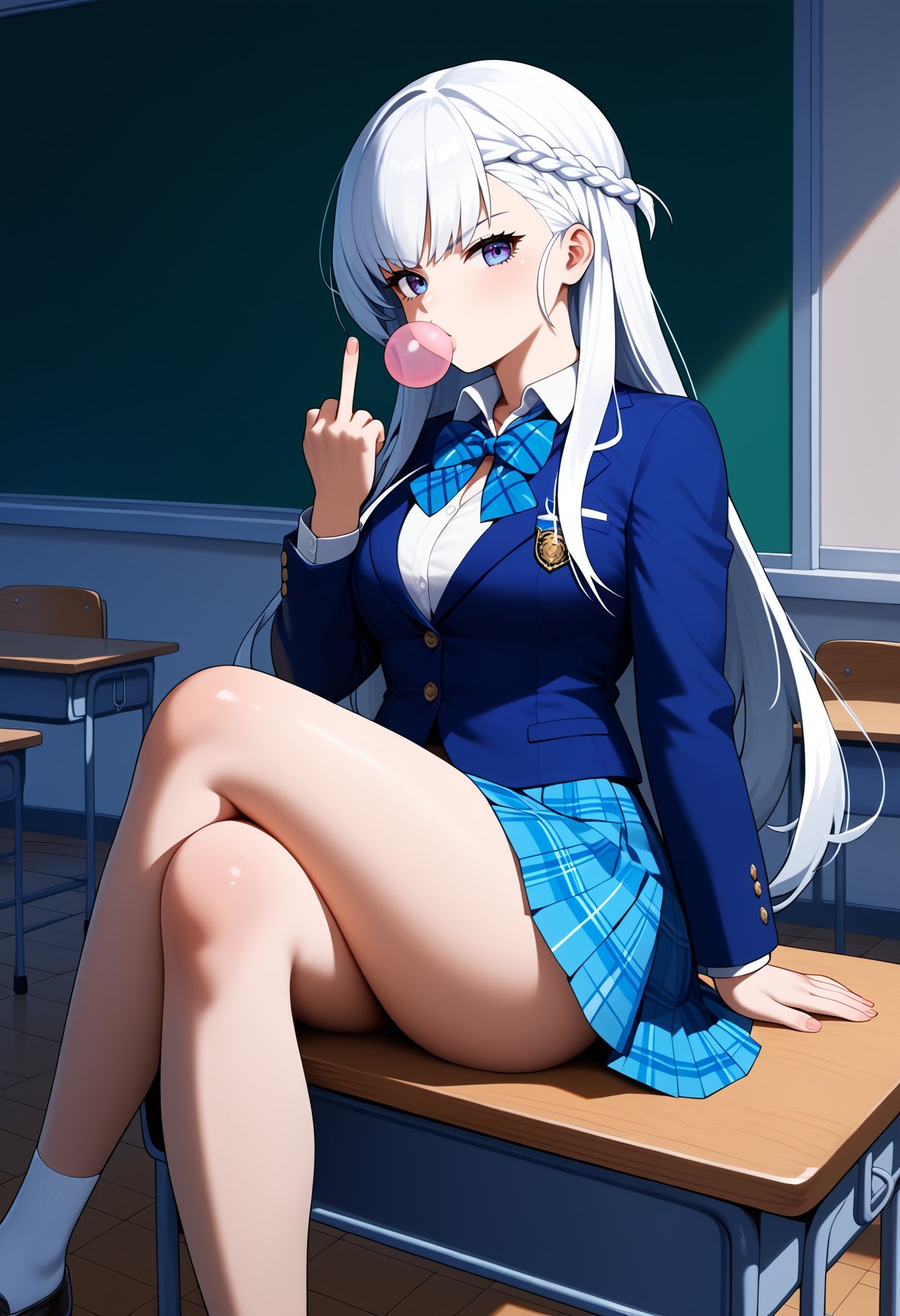 score_9, score_8_up, score_7_up, score_6_up, score_5_up, score_4_up, source_anime, aabelfast, long hair, french braid, <lora:belfast_(azur_lane)_ponyxl_1:0.9>, school uniform, plaid skirt, bowtie, middle finger, chewing gum, classroom, sitting, crossed legs, on desk