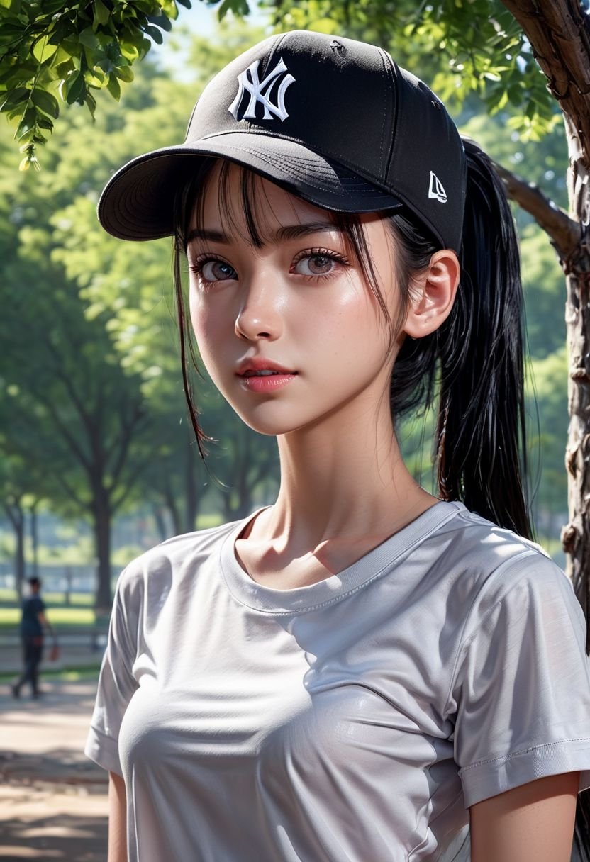 1girl, front view, realistic, solo, park, next to tree, (white shirt), black hair, (ponytail hairstyle, baseball cap), upper body, (((looking at viewer)))