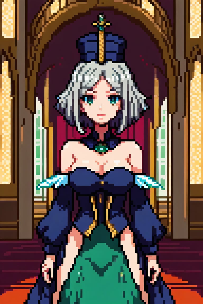 score_9, score_8_up, score_7_up, concept art, ultra detailed, minomi, a noblesse girl, gray hair, prefect face, green eyes, large breasts, noble hat, feathers, aristocratic dress, long skirt, looking at viewer, palace interior, upper body,  <lora:Pixel_Art_Pony:1>