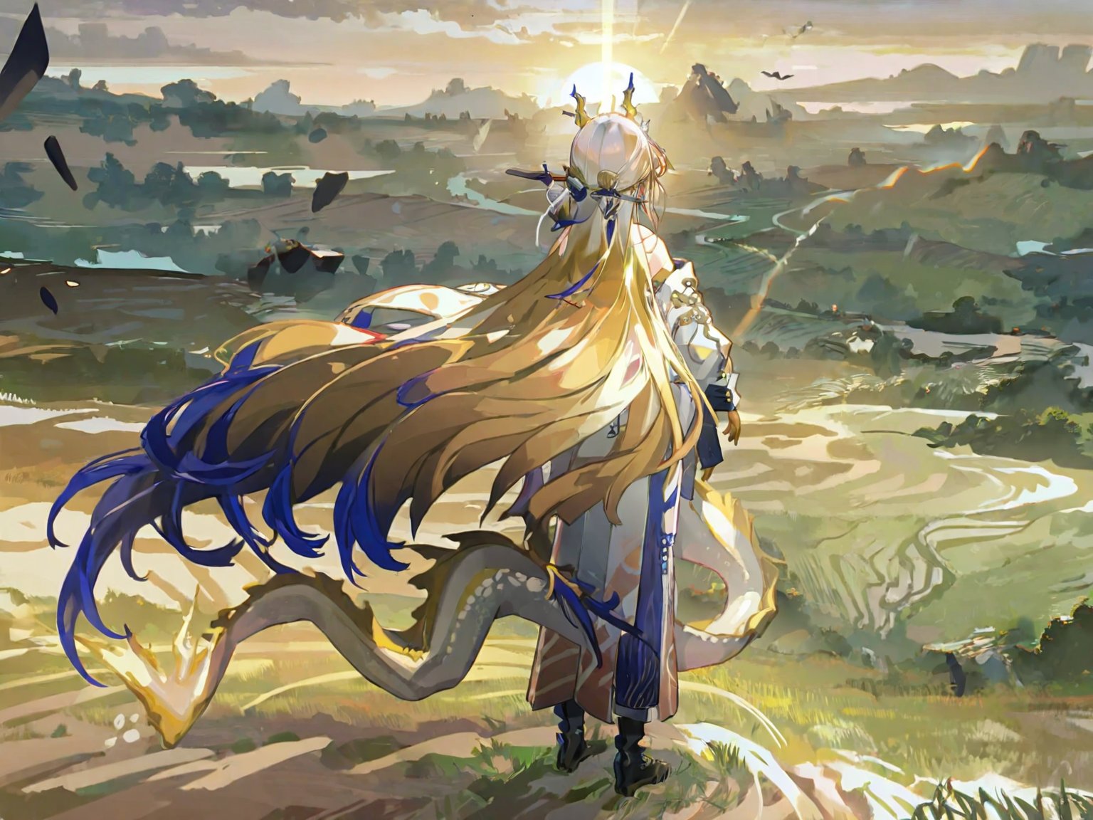 (1girl:1.2),(solo:1.2),masterpiece,best quality,highly detailed,best quality,illustration,highres,extremely detailed wallpaper,third-party edit,<lora:ShuLoraXL:0.9>,dragon horns,long hair,multicolored hair,blonde hair,(weat field background:1.5),from back,sunset,full body,