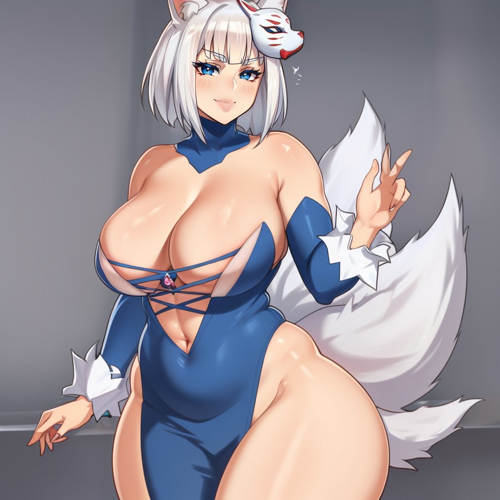 (masterpiece, best quality:1.3), FoxiCube, 1girl, solo, looking at viewer, wide hips, mature female, closed mouth, seductive smile, large breasts, cowboy shot, thick thighs,  <lora:FoxiCube Style Lora:.85>, kaga(everlasting killing stone), white hair, blue eyes, fox ears, mask on head, fox mask, tail, fox girl <lora:kaga_everlasting_killing_stone:.8>