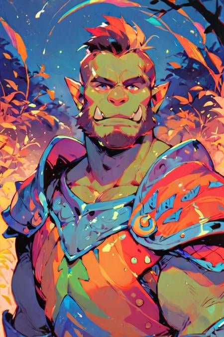 score_9, score_8_up, score_7_up, rainbow style, vibrant colors, vivid colors, solo, male focus, mature male, orc, green skin, tusks, beard, outdoors, armor, looking at viewer, shoulder armor, breastplate, upper body, closed mouth, pauldrons, night, night sky, standing <lora:Rainbow Style SDXL_LoRA_Pony Diffusion V6 XL:1>