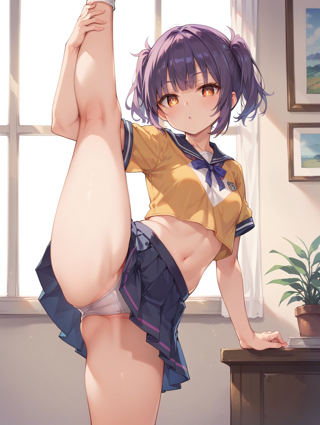 score_9, score_8_up, score_7_up, 1girl, solo,  purple hair, short twintails, bangs, medium breast, narrow body, clear eyes, bright pupils, amber eyes, crop top, pleated skirt, looking at viewer, blush, indoors, navel, standing on one leg, vertical split, leg up,