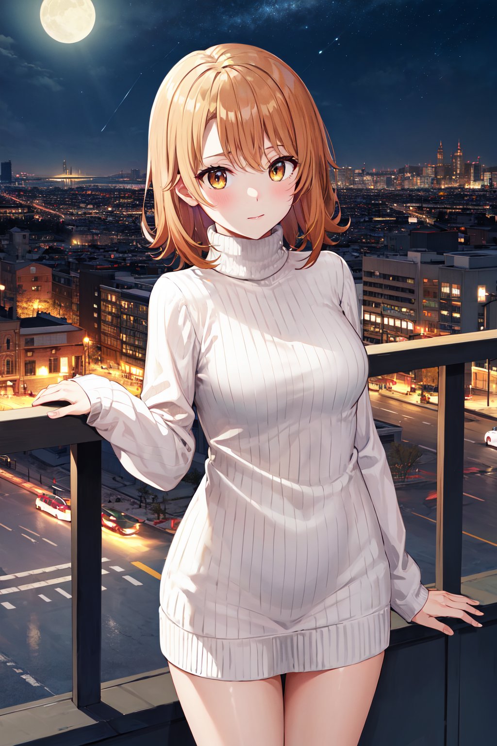 masterpiece, best quality, highres, aairoha, medium hair, <lora:isshiki_iroha_v1:0.7>, sweater dress, turtleneck, city, night, standing, cowboy shot, 