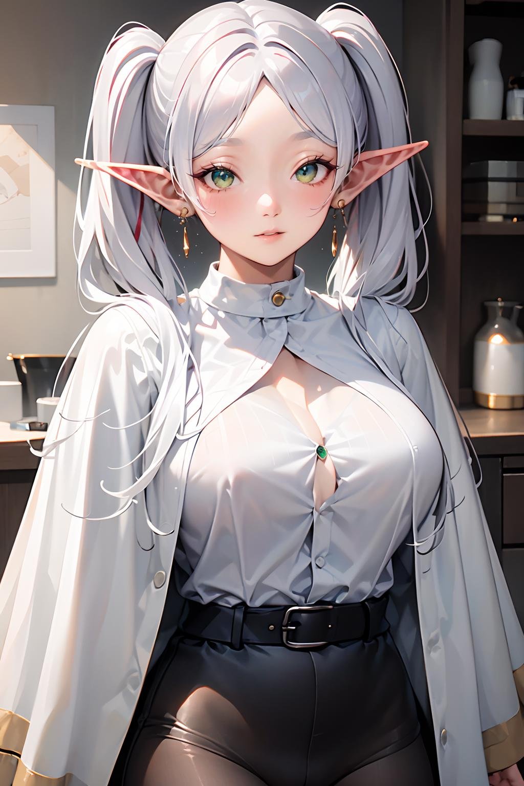 <lora:jingling_009:0.8>,wallpaper,huge filesize,super high resolution,best quality,Photos,4k,ingling,1girl,pointy ears,(green eyes:1.1),solo,twintails,(white hair:1.2),jewelry,long hair,elf,earrings,long sleeves,looking at viewer,bangs,closed mouth,comic,full_shot,cloak,bangs,shirt,white cloak,striped_shirt,