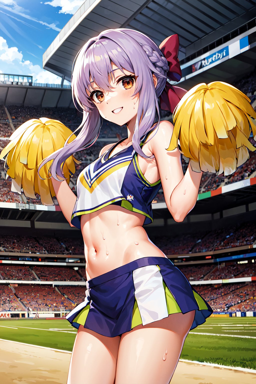 masterpiece, best quality, highres, aashinoa, hair bow, <lora:hiiragi_shinoa_v1:0.7>, cheerleader, midriff, sweat, pom pom \(cheerleading\), outdoors, stadium, smile, hands up, 