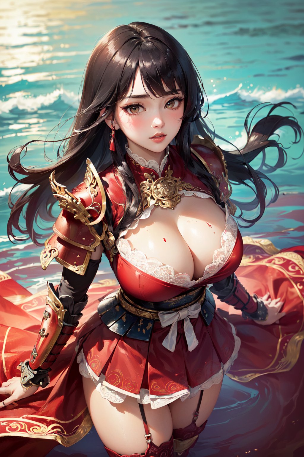 (masterpiece, best quality, hires, high resolution:1.2), (beautiful, aesthetic, perfect, delicate, intricate:1.2), (cute, adorable), (depth of field:1.2), (1girl, solo), (a sexy female samurai coming out of the red water), (huge breasts, cleavage), (eyeshadow, eyeliner), (windy hair), (red water:1.4), (ornate delicate samurai armor:1.4), (lace stockings), (from above), (cowboy shot:1.4),