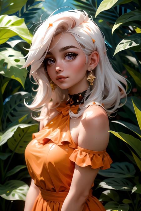 (masterpiece, best quality, sfw, by Sasha Khmel), 1girl, portrait, detailed eyes, short white hairs, orange leaf outfit, forest, <lora:Sasha_Khmel_style_v1:0.9>