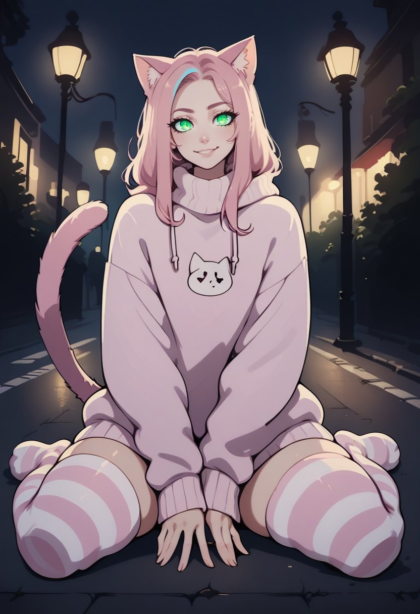 score_8_up, woman, solo, cat ears, cat tail, pink hair, blue streaked hair, glowing eyes, green eyes, smile, night, detailed background, street, street lamp, looking at viewer, sweater, thighs, high contrast, zettai ryouiki, pink striped thighhighs, on ground  <lora:NoctFlatStyleV3:1>