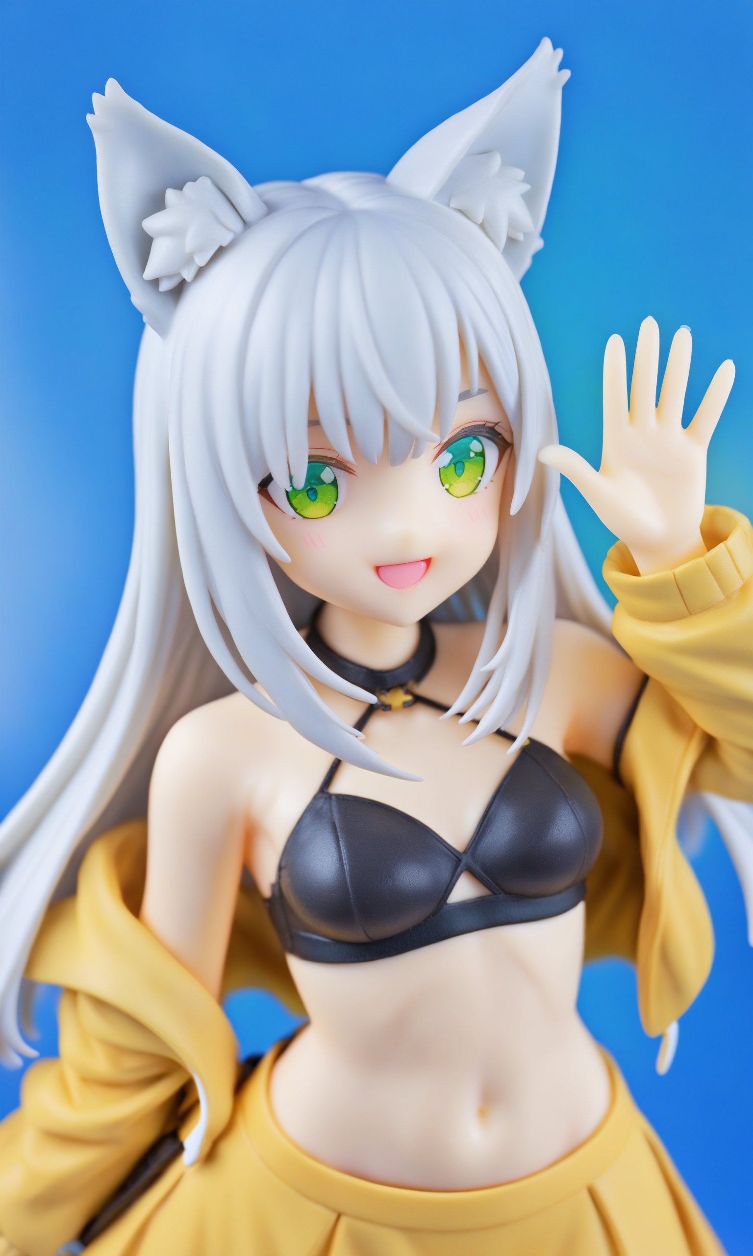 1girl,solo,green eyes,smile,:d,long hair,white hair,animal ears,simple background,solid color background,animal ear fluff,eyebrows visible through hair,medium breasts,navel,bare shoulders,yellow jacket,off shoulder,crop top,midriff,yellow skirt,hand up,waving,blue background,closed mouth,outdoors,