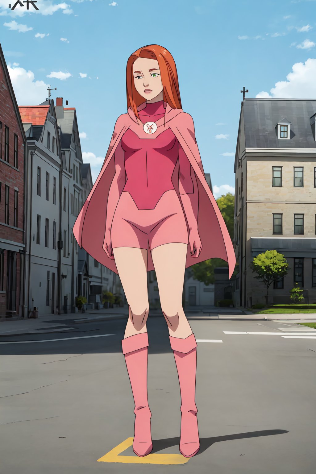 atomeve, 4k, absurd, high resolution, very high resolution, high definition, masterpiece, pink outfit, logo on the chest, cape, pink boots, bare legs<lora:EMS-379663-EMS:1.000000>