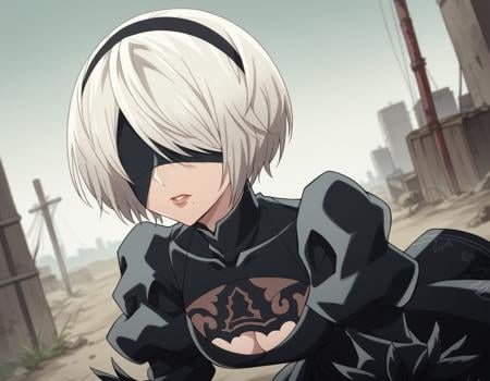 score_9, score_8_up, score_7_up, source_anime,2b, <lora:2b-s1-ponyxl-lora-nochekaiser:1>,2b, yorha no. 2 type b, short hair, white hair, hairband, mole, black hairband, mole under mouth, blindfold, covered eyes, black blindfold,gloves, long sleeves, dress, puffy sleeves, black dress, clothing cutout, cleavage cutout, juliet sleeves, feather-trimmed sleeves,outdoors, wasteland, bent over,solo, dutch angle, looking at viewer, cowboy shot,